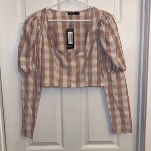 Nasty gal Gingham Puff Sleeve Square Neck Cropped Blouse